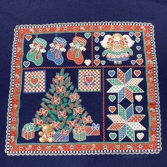 Vintage Santee Christmas Navy Blue Holiday Turtleneck Sweatshirt Size Large 90s - Picture 4 of 7